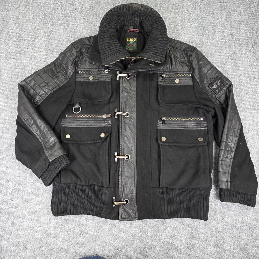 Schott Jacket Mens XL Black Wool Bomber Quilted Faux Leather Zip Clasp Utility